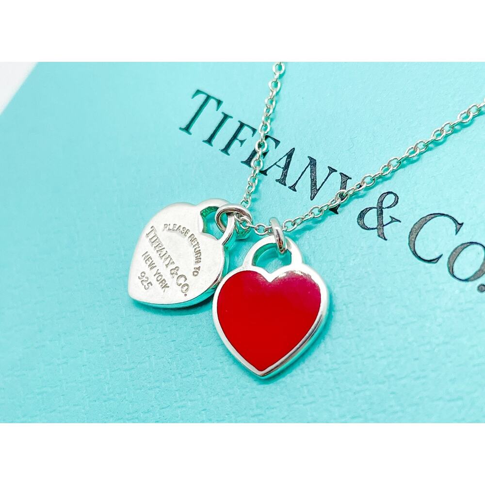Tiffany & Co. Return Red Mini Double Heart Pendant Necklace 16-18" (ENGRAVED) - Picture 10 of 12